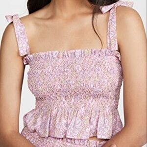 NWT Likely Riviera Smocked Floral Tie Strap Crop Top In Pink